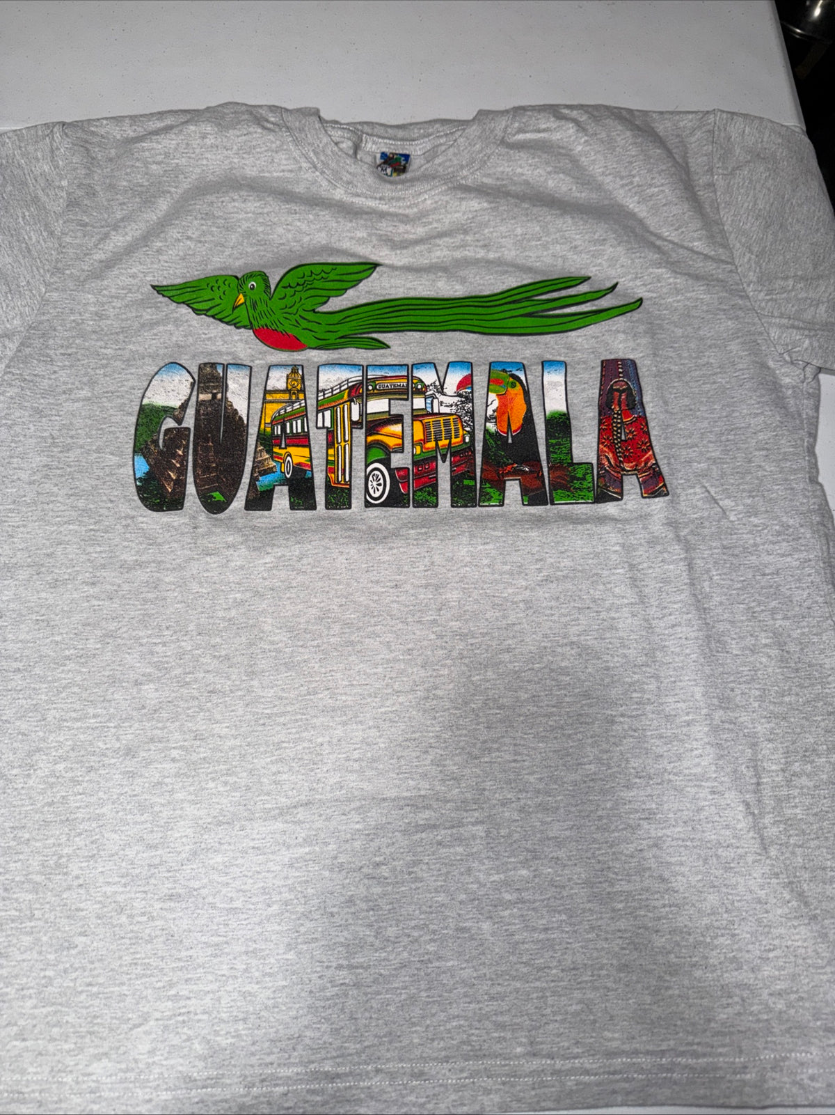 Vintage Grey T-shirt Featuring a queztal bird and Guatemala scenes size men’s M