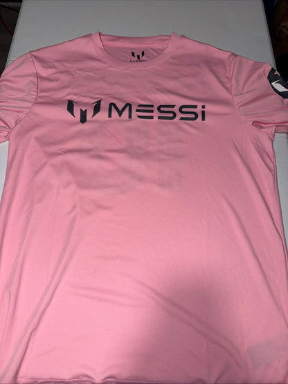 Pink Adidas Messi Jersey Top Features a prominent black logo graphic Size M