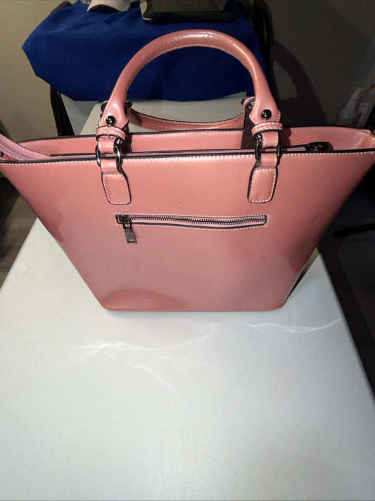 A Iridescent Glossy Pink Plastic Tote Bag with Handles