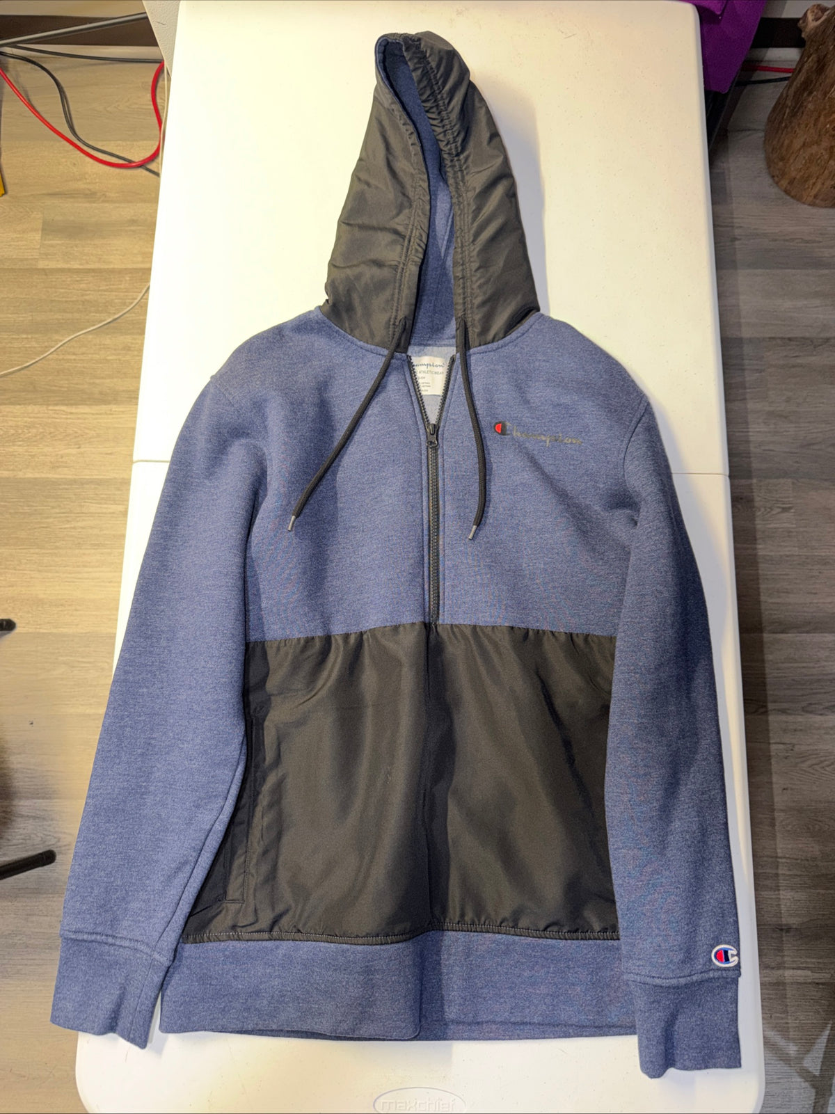 Champion Men’s Size S Blue Black Woven Mix Fleece Half-Zip Hoodie Sweatshirt