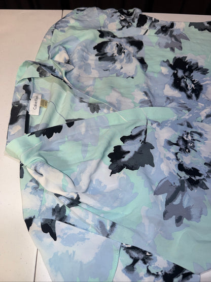 Calvin Klein Floral Split- Neck Blouse Mint Sea Spray Blue Watercolor Top Size XL