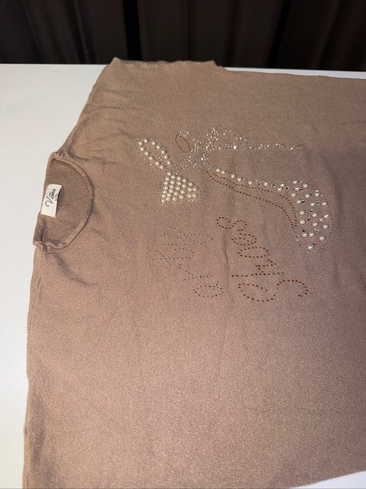 Victoria High Heel Pearl & RhineStone Sweater Top “Party Shoes” Size L/XL